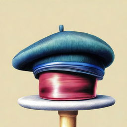 A high-quality coloured pencil drawing showcasing a beret neatly placed on a stand