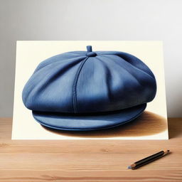 A high-quality coloured pencil drawing showcasing a beret neatly placed on a stand