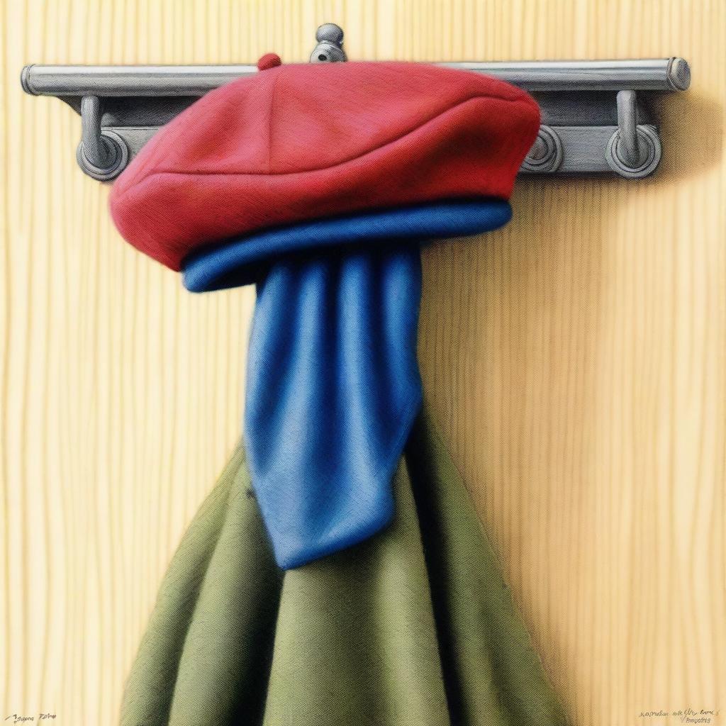 This is a vivid, high-quality coloured pencil drawing of a beret hanging on a coat rack