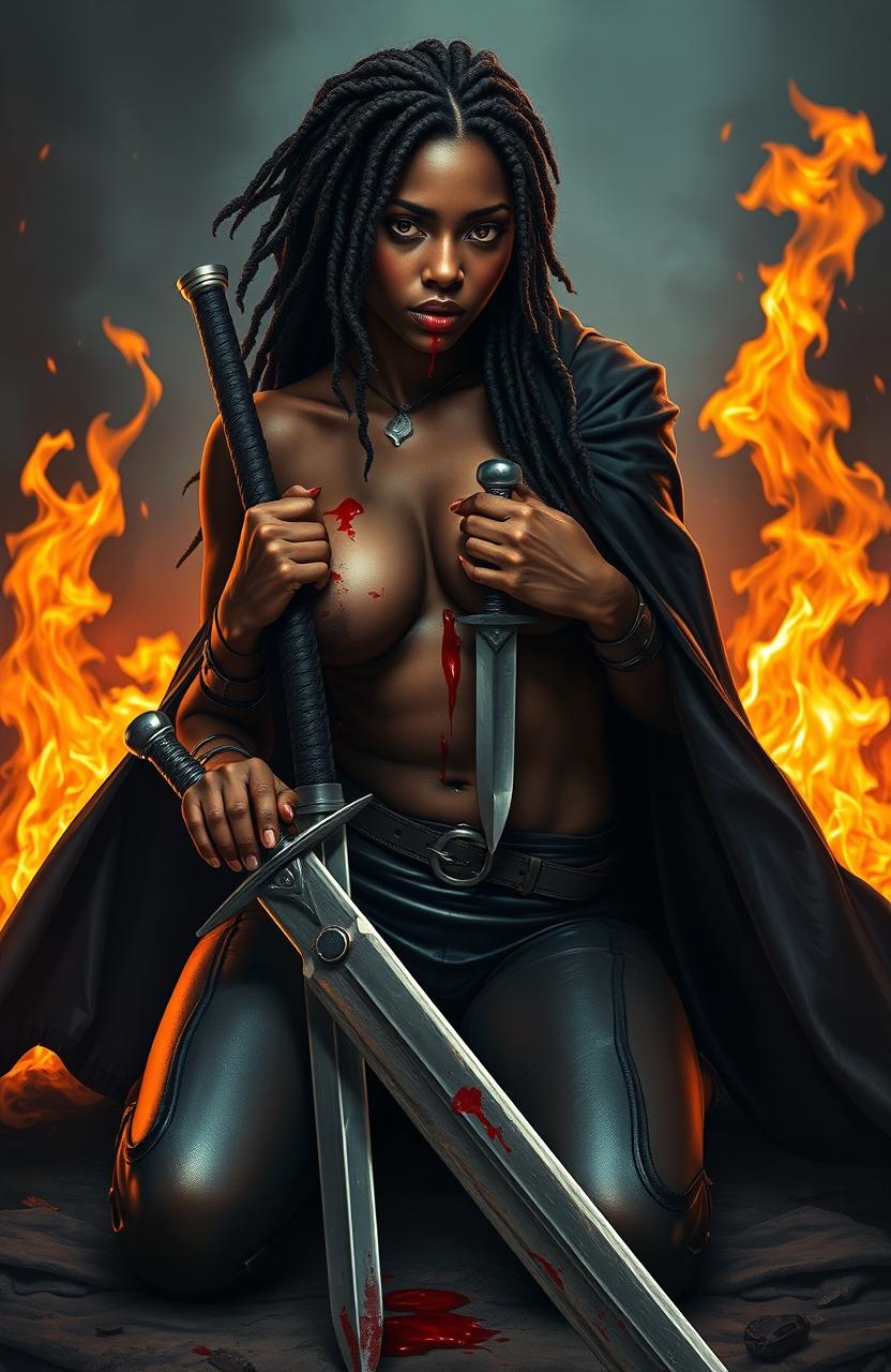 A striking scene featuring a beautiful woman with chocolate skin and dreadlocks, dressed in smooth leather attire and a flowing black cloak that partially obscures her face