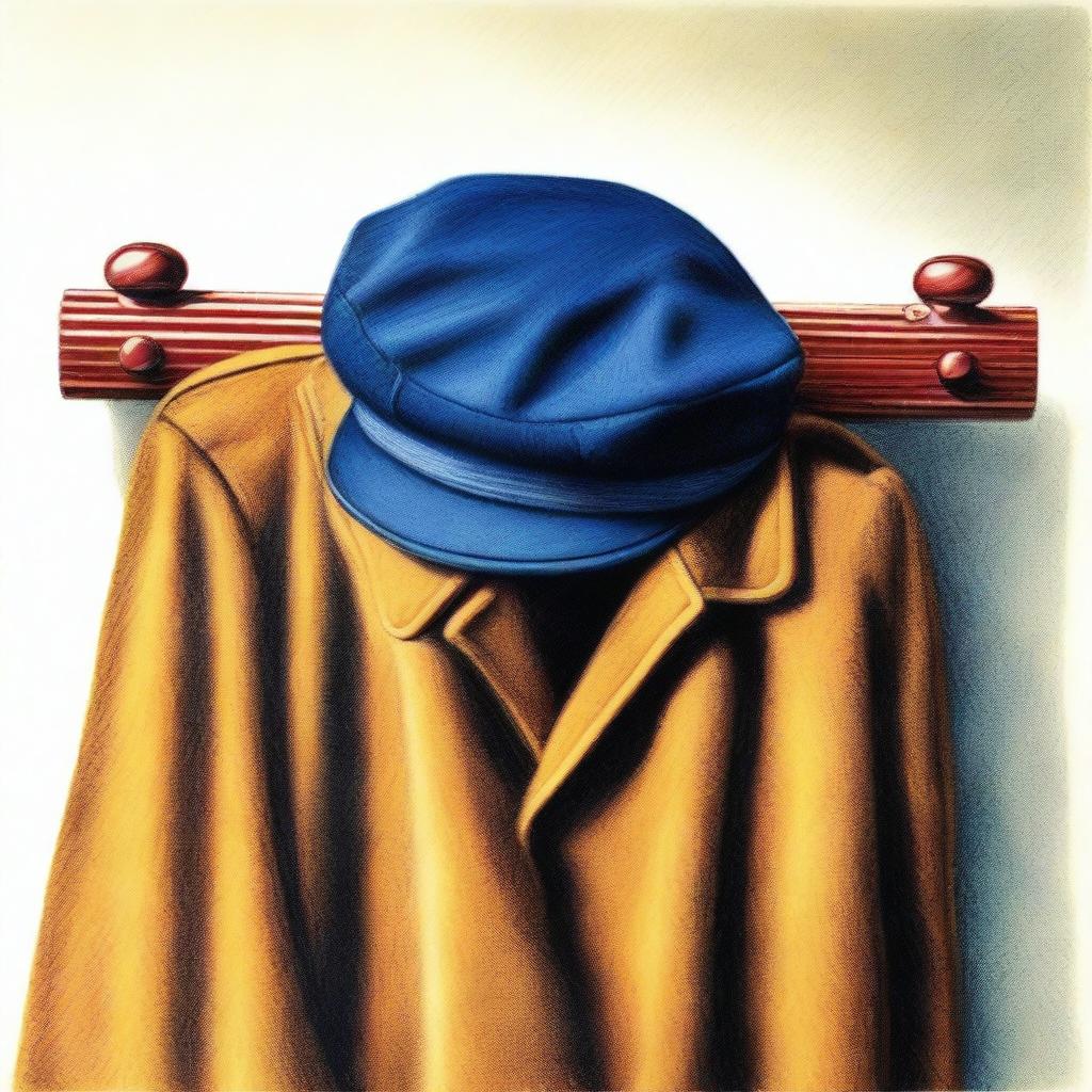 This is a vivid, high-quality coloured pencil drawing of a beret hanging on a coat rack