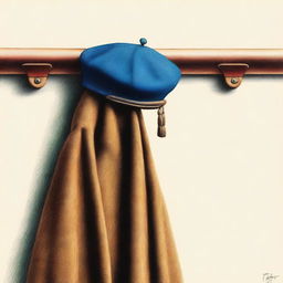 This is a vivid, high-quality coloured pencil drawing of a beret hanging on a coat rack