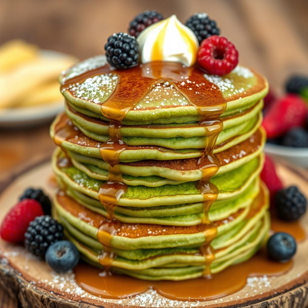 Fluffy matcha pancakes stacked high, featuring vibrant green hues from quality matcha powder blended into a light batter made with flour, egg, and a touch of sugar