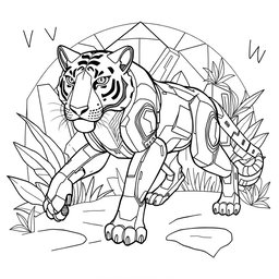 A black and white coloring page design featuring an advanced and futuristic robotic Tiger AI