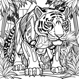 A black and white coloring page design featuring an advanced and futuristic robotic Tiger AI