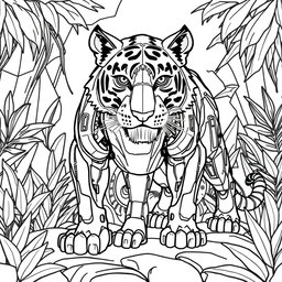A black and white coloring page design featuring an advanced and futuristic robotic Tiger AI