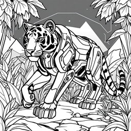 A black and white coloring page design featuring an advanced and futuristic robotic Tiger AI