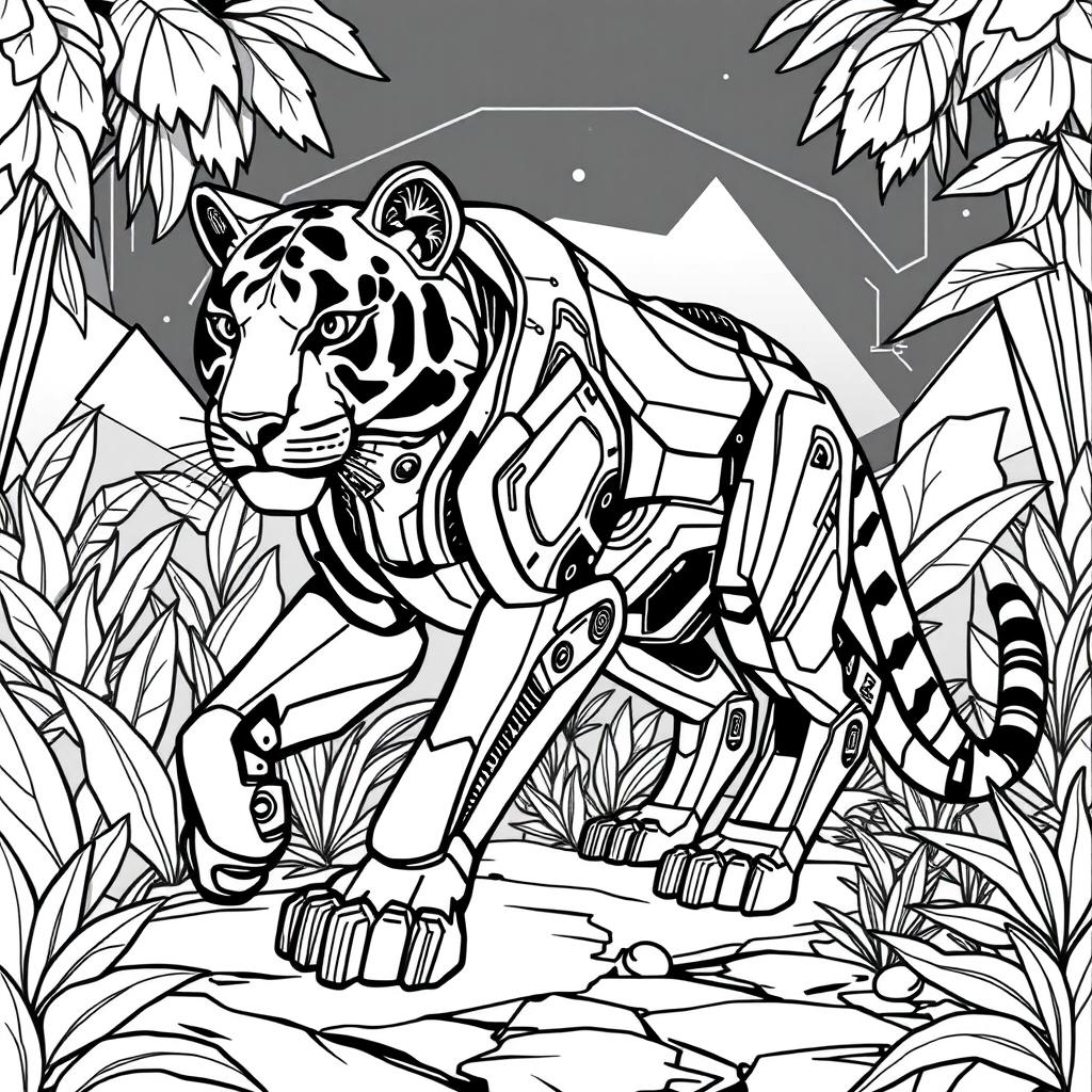A black and white coloring page design featuring an advanced and futuristic robotic Tiger AI