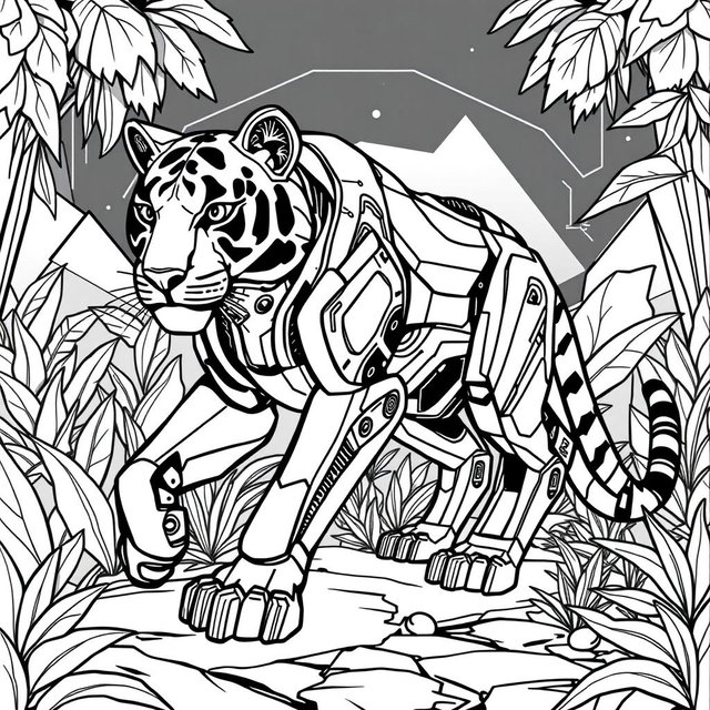 A black and white coloring page design featuring an advanced and futuristic robotic Tiger AI