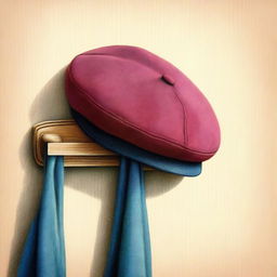 This is a vivid, high-quality coloured pencil drawing of a beret hanging on a coat rack