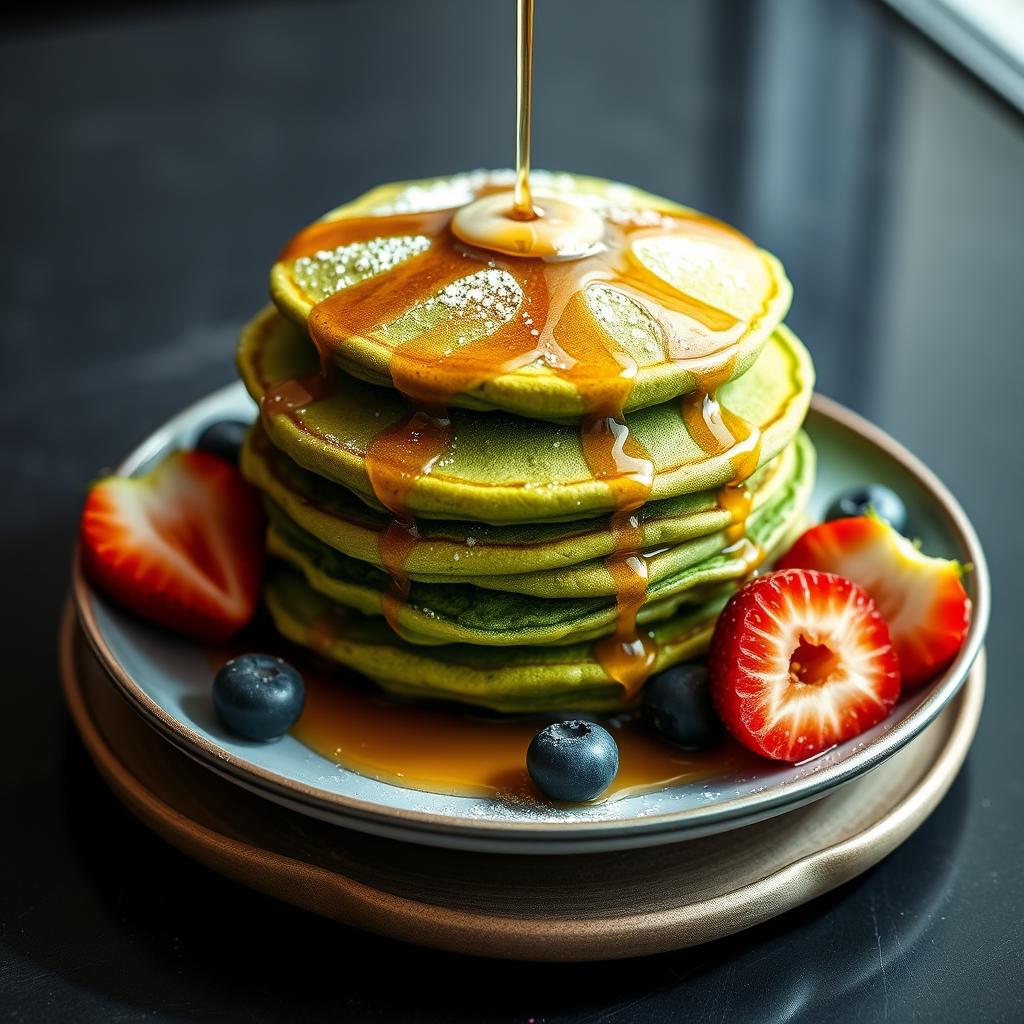 A delightful stack of matcha pancakes served on a stylish plate, showcasing the rich green color from high-quality matcha powder