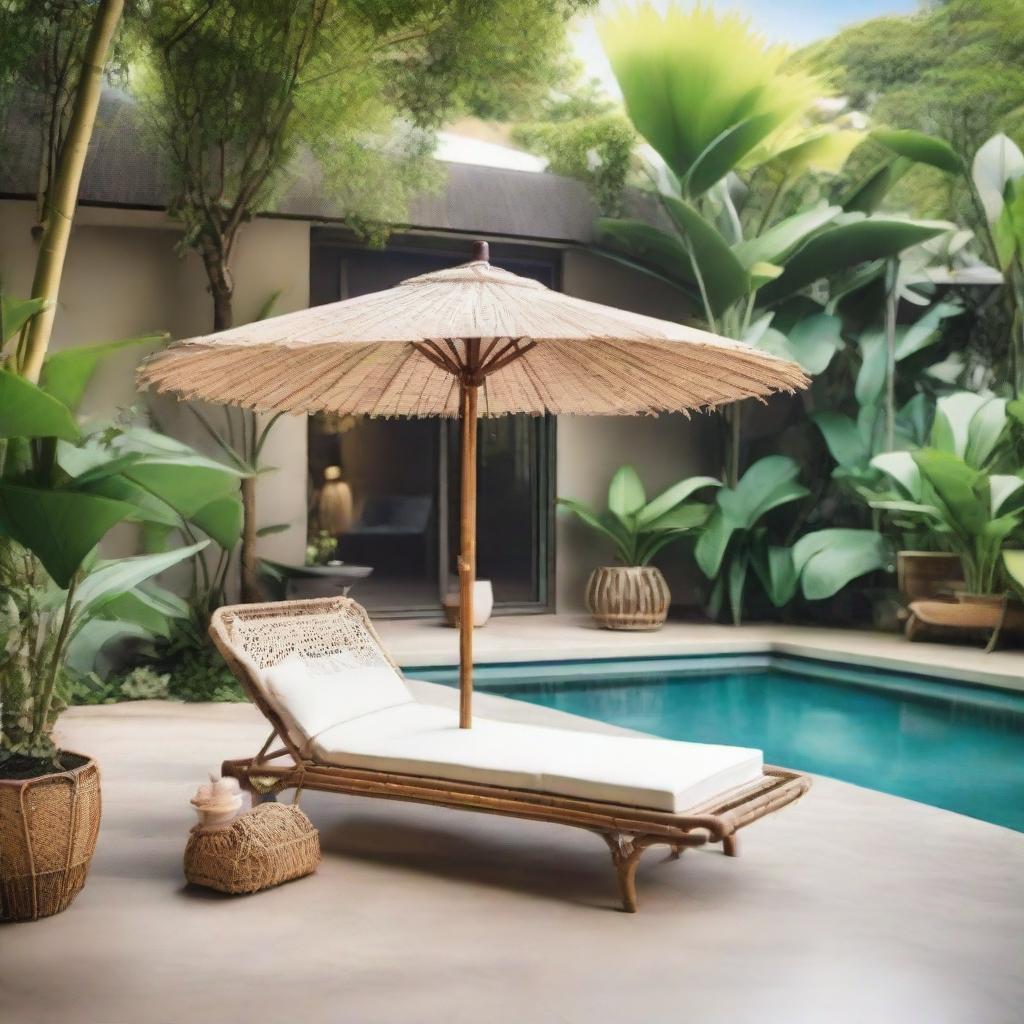 A tropical outdoor setting featuring a swimming pool, macrame umbrella, rattan long chair, and a bamboo fence.