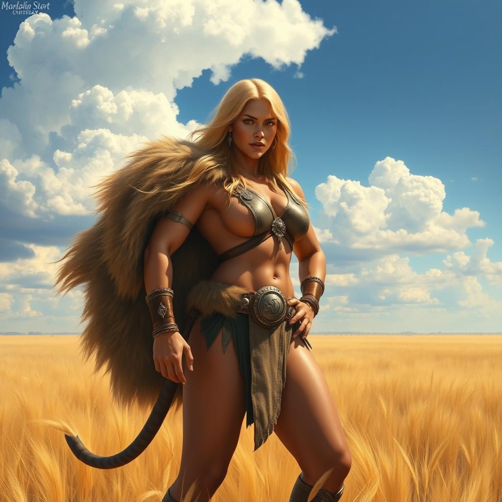 A detailed digital painting of a big, strong female Amazon warrior standing powerfully on the African savanna