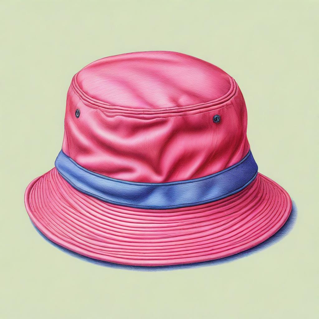 This is a striking, high-quality coloured pencil drawing of a bucket hat