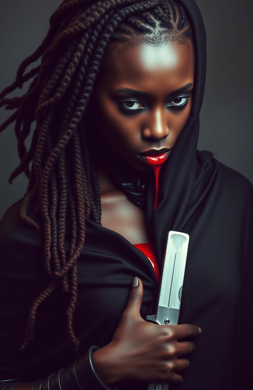 A striking and dramatic scene featuring a beautiful woman with smooth, rich chocolate skin and flowing dreadlocks, clad in sleek black leathers and an elegant black cloak that obscures her face