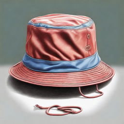 This is a striking, high-quality coloured pencil drawing of a bucket hat