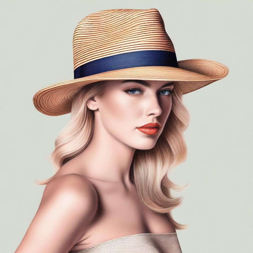 This is a sophisticated, high-quality coloured pencil drawing of a Panama hat