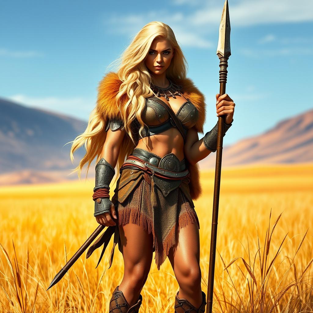 A big, strong female Amazon warrior standing proudly on the African savanna