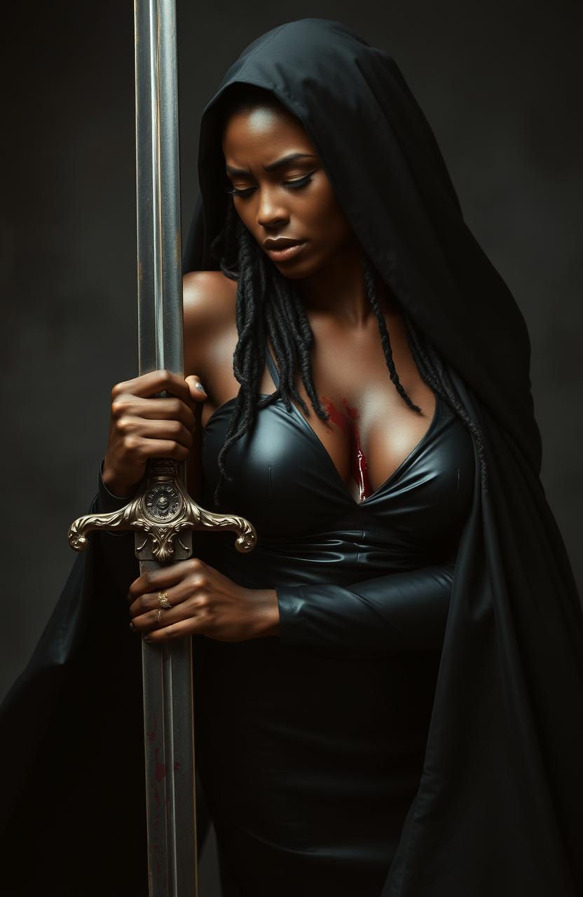 A dramatic scene featuring a stunningly beautiful woman with chocolate skin and long dreadlocks, clad in smooth, form-fitting black leather and a flowing black cloak that obscures her face