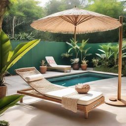 A tropical outdoor setting featuring a swimming pool, macrame umbrella, rattan long chair, and a bamboo fence.