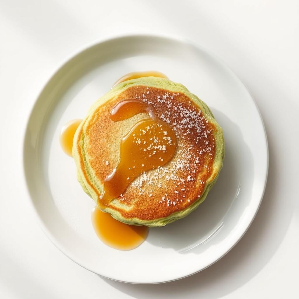A single, fluffy matcha pancake showcased on a simple, elegant white plate