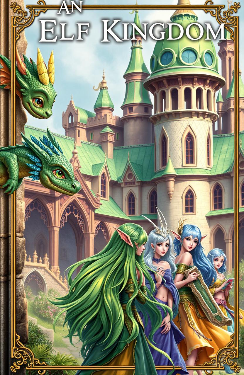 A fantasy book cover depicting an elf kingdom featuring elegant architecture with greenish roofs in the background