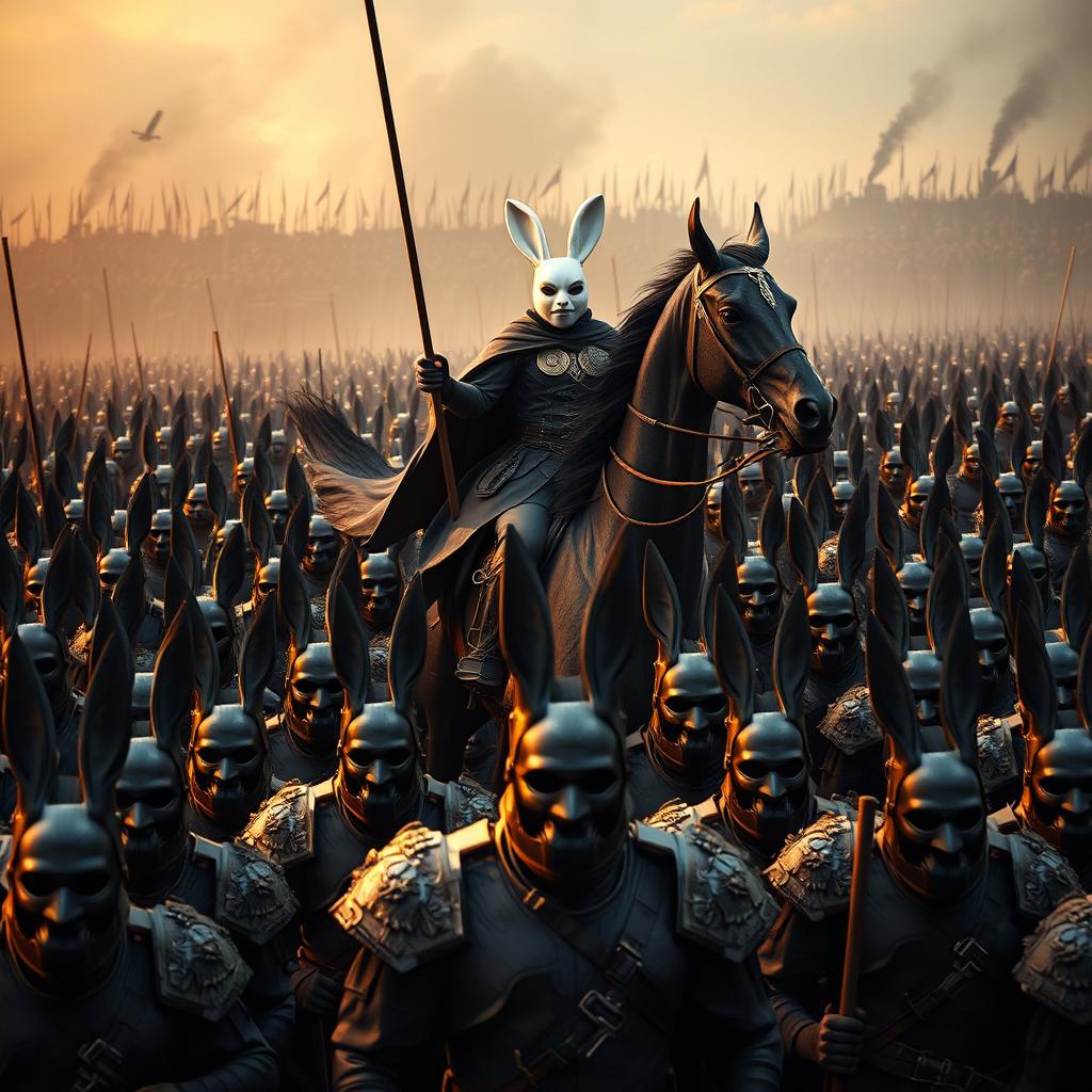 A magnificent and powerful army of 50,000 soldiers, all wearing black rabbit masks, standing in formation and ready for battle