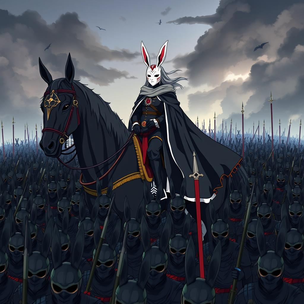 An anime-style illustration of a magnificent and powerful army of 50,000 soldiers, all wearing black rabbit masks and poised for battle