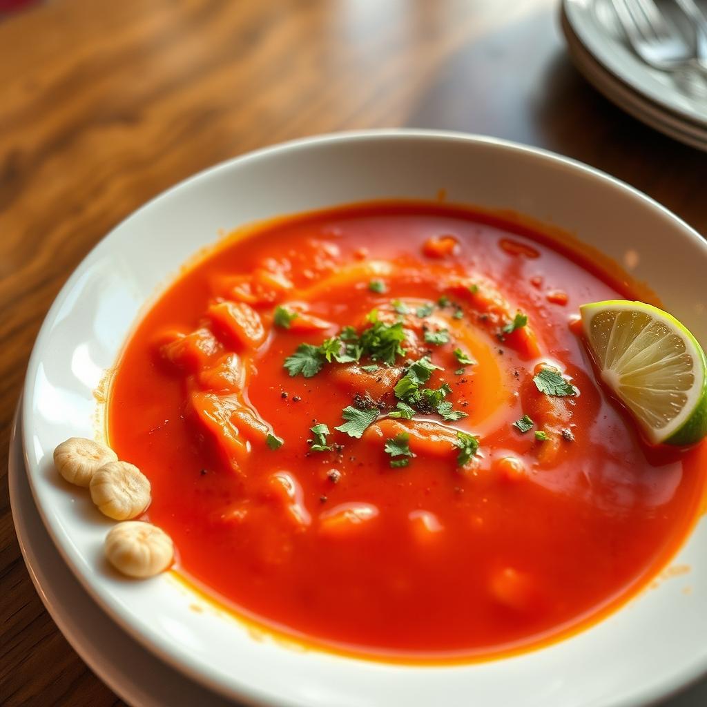 A rich, vibrant bowl of tomato tinapa soup, elegantly served on a wide, shallow plate