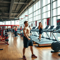 A modern, well-equipped gym interior showcasing a variety of fitness equipment such as treadmills, weightlifting machines, and free weights