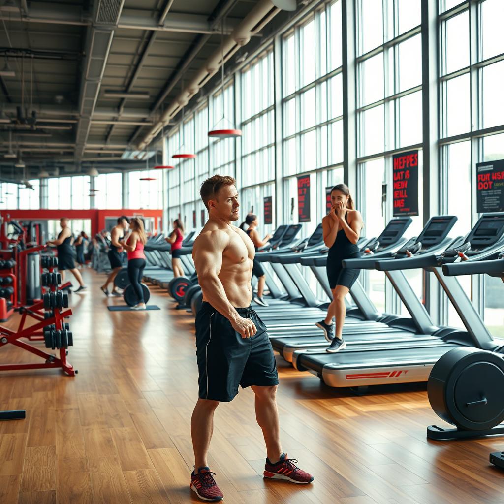 A modern, well-equipped gym interior showcasing a variety of fitness equipment such as treadmills, weightlifting machines, and free weights