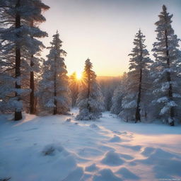 A snowy landscape at dawn with the sun peeking over a frosty pine forest