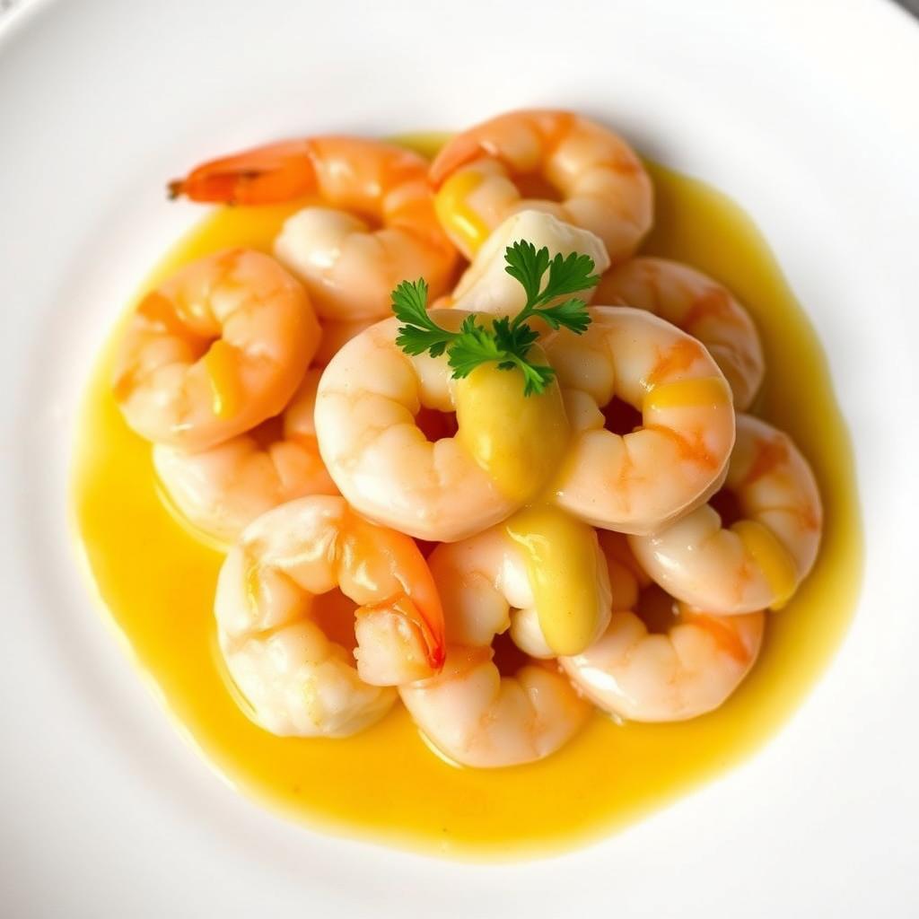 A minimalist plating of garlic butter shrimp served with a rich aligue sauce (crab fat)