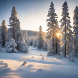 A snowy landscape at dawn with the sun peeking over a frosty pine forest