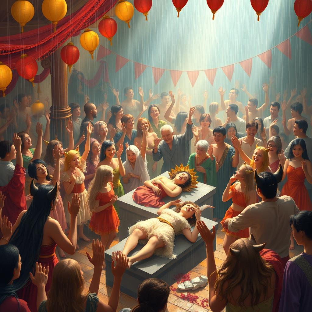 A vibrant and emotional scene depicting the birthday celebration of Queen Hailin, the beloved queen of the country of the three-headed lions