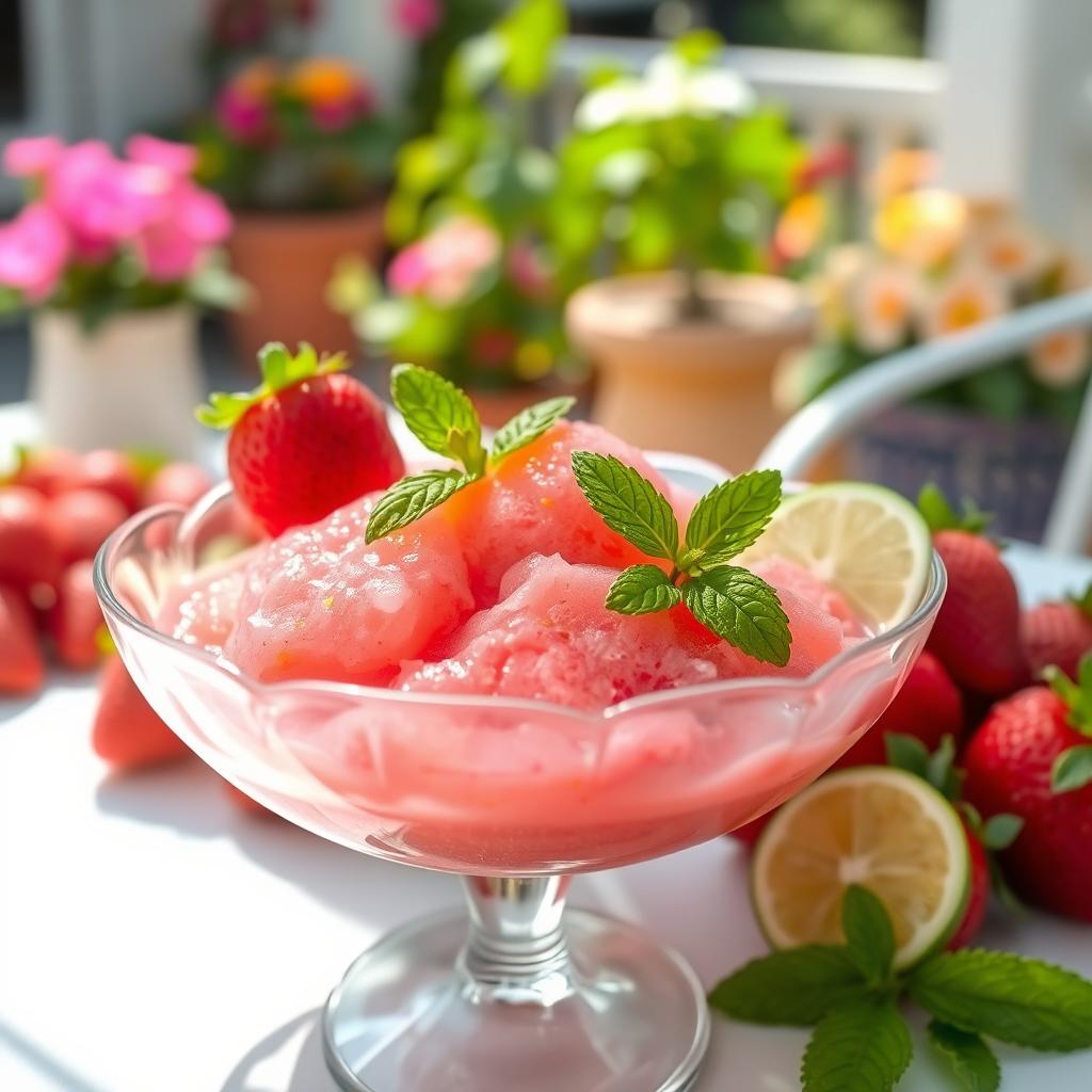 A vibrant, refreshing bowl of strawberry calamansi sorbet, served in an elegant glass dish