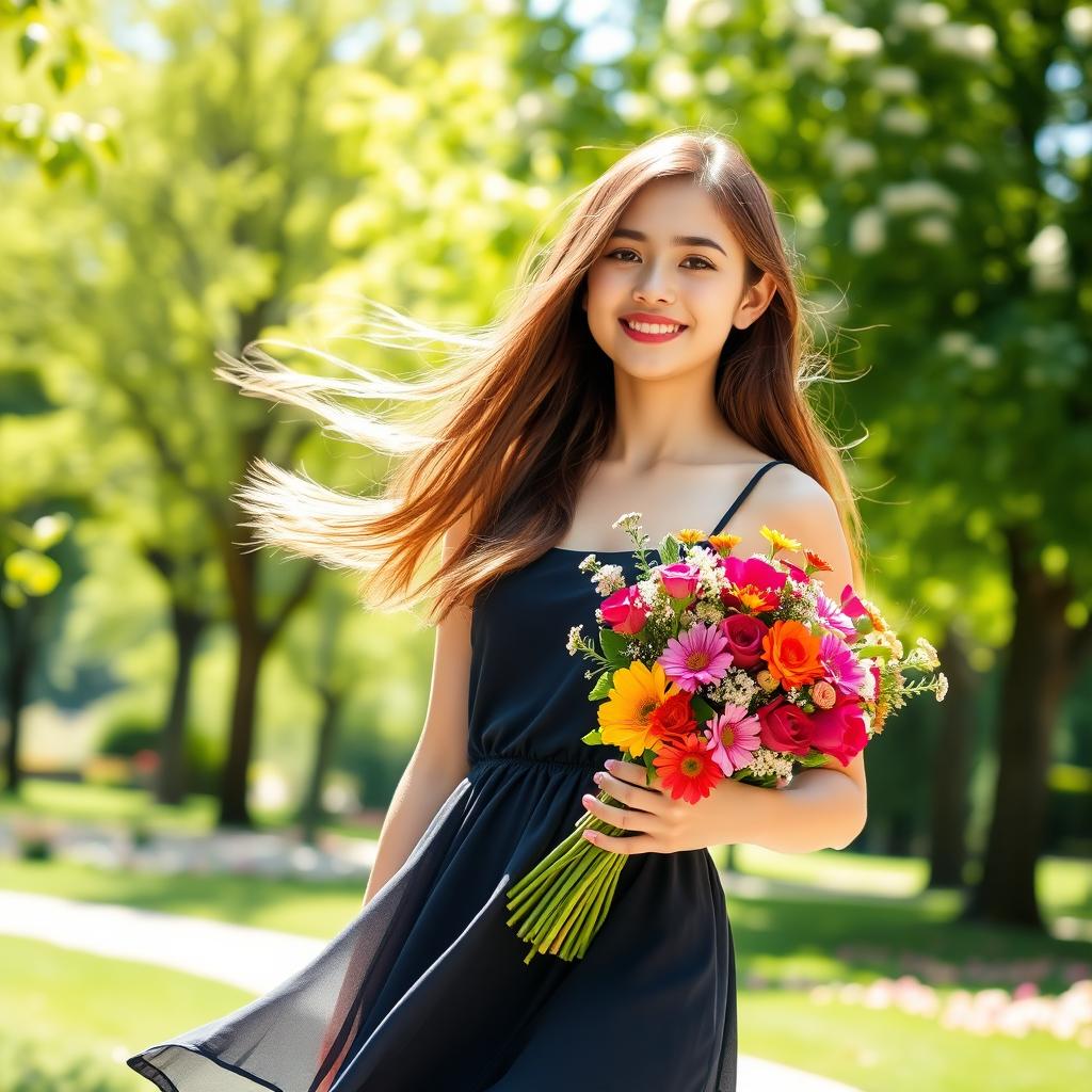 A beautiful girl with flowing brunette hair, wearing a stylish summer dress, standing in a sunlit park