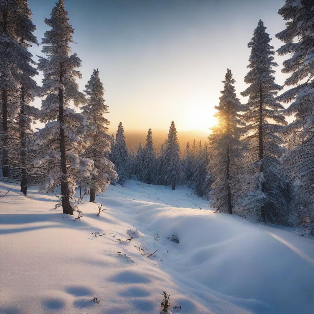 A snowy landscape at dawn with the sun peeking over a frosty pine forest