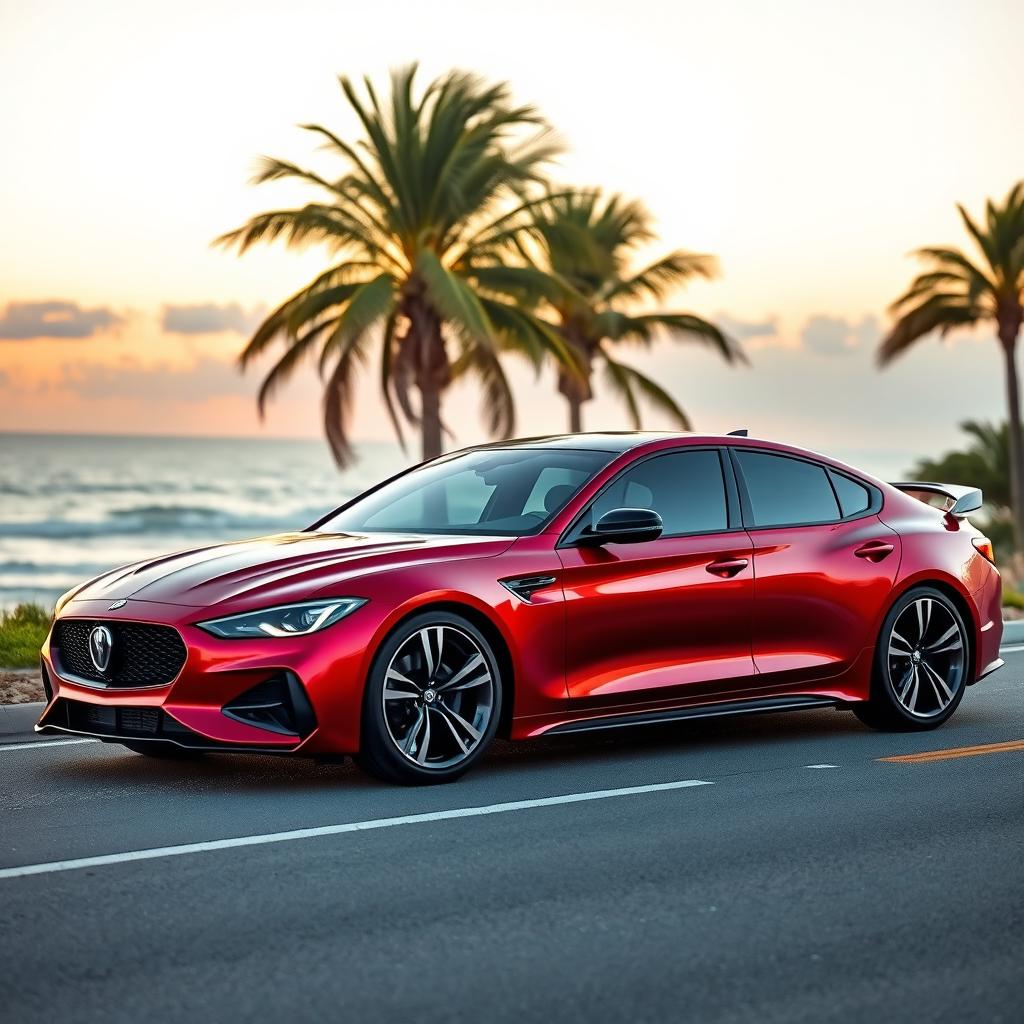 A sleek, sporty sedan car with a modern design, featuring an aerodynamic body, sharp lines, and an aggressive front grille