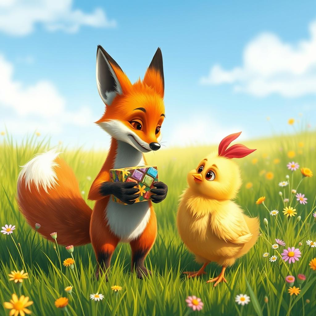A whimsical scene depicting a fox presenting a colorful box of chocolates to a surprised chicken in a sunny meadow