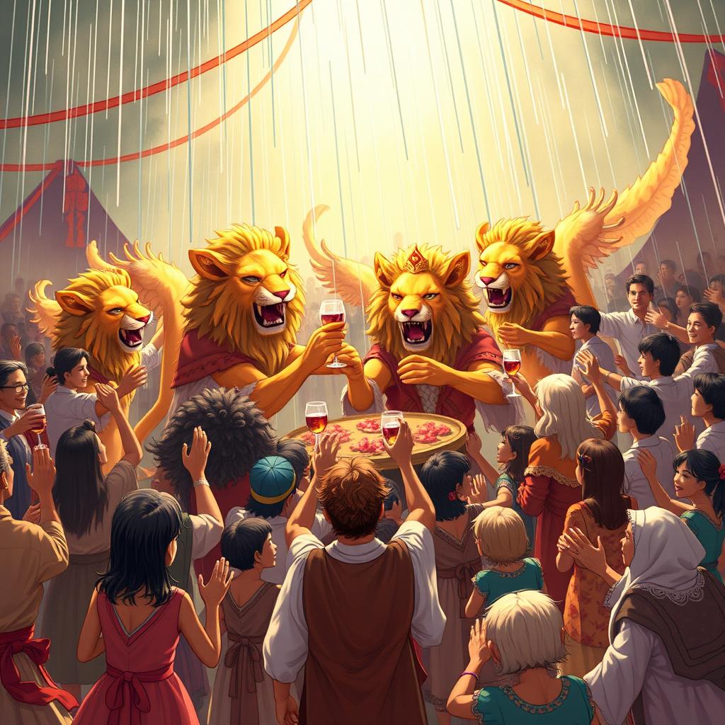 A grand and lively scene depicting the birthday celebration of Queen Hailin, the beloved queen of the land of the three-headed lions