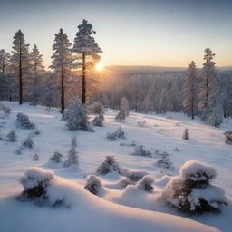 A snowy landscape at dawn with the sun peeking over a frosty pine forest