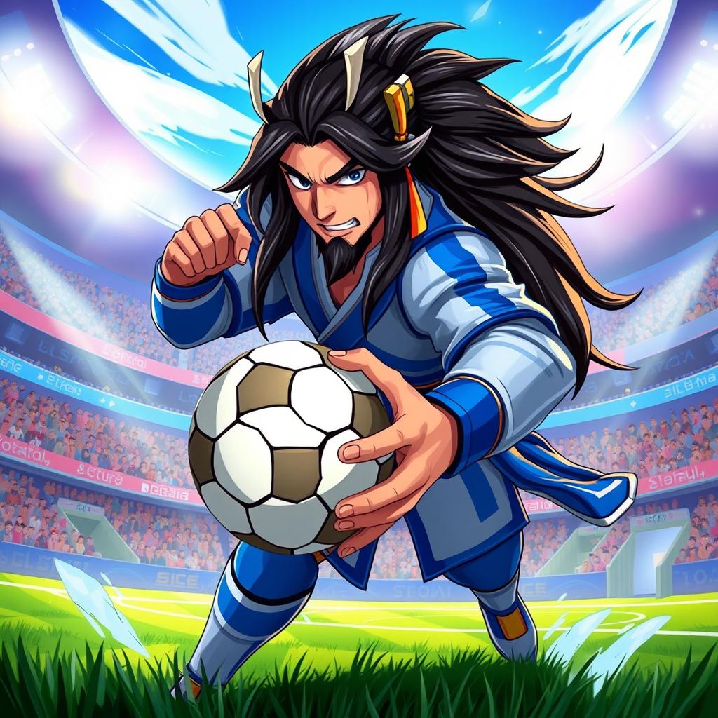 Yasuo, the popular character from League of Legends, showcasing his signature long hair, wearing a blue and white outfit reminiscent of a samurai warrior, intensely holding a football
