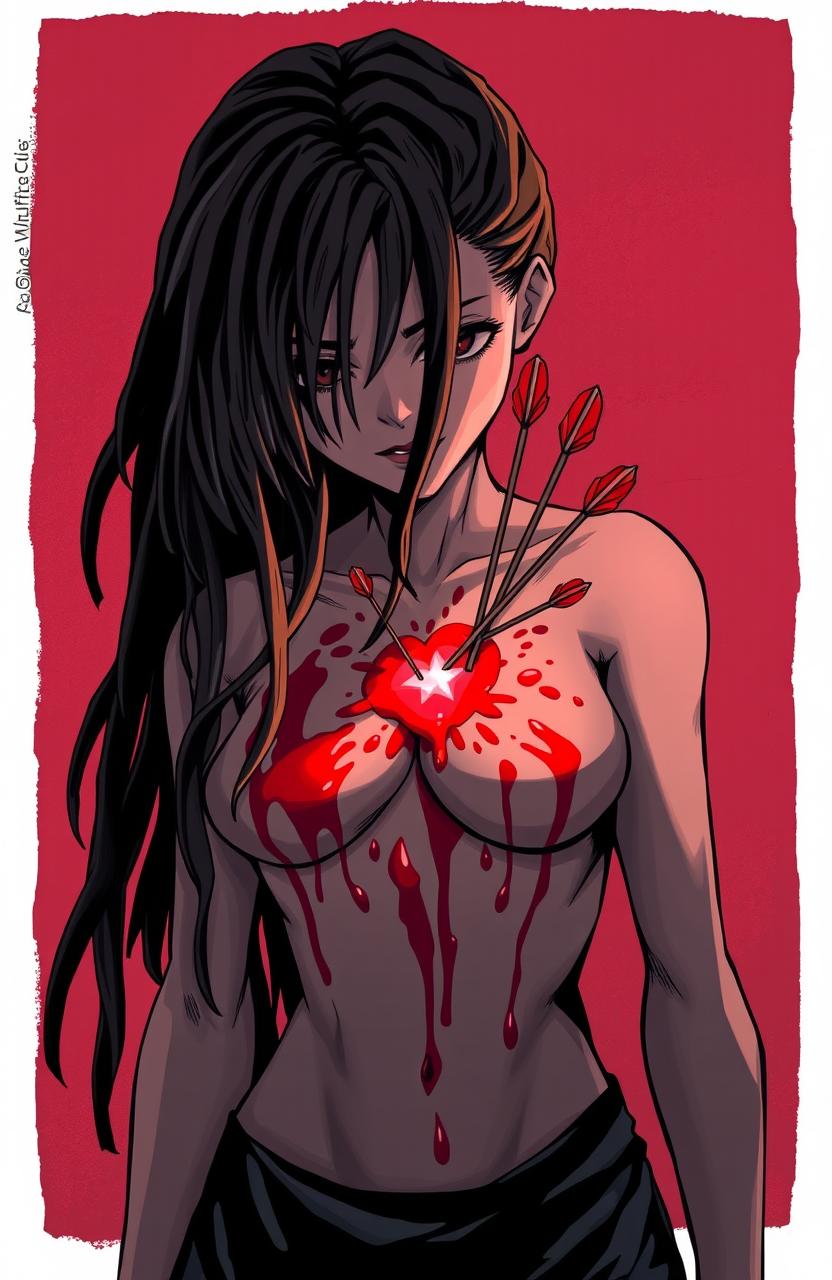 A dynamic webtoon style illustration of a female figure with loose dreadlocks that conceal her face, pierced by arrows in the heart