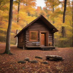 A rustic, wooden cabin in the woods surrounded by autumn leaves