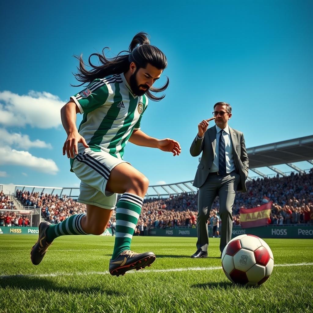 A dramatic scene featuring Yasuo from the popular video game 'League of Legends' playing soccer on a vibrant green field