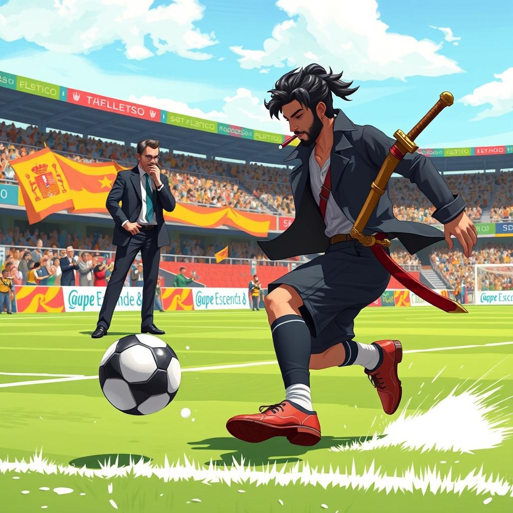 A dynamic scene featuring Yasuo, a character from the game League of Legends, playing football on a vibrant green field