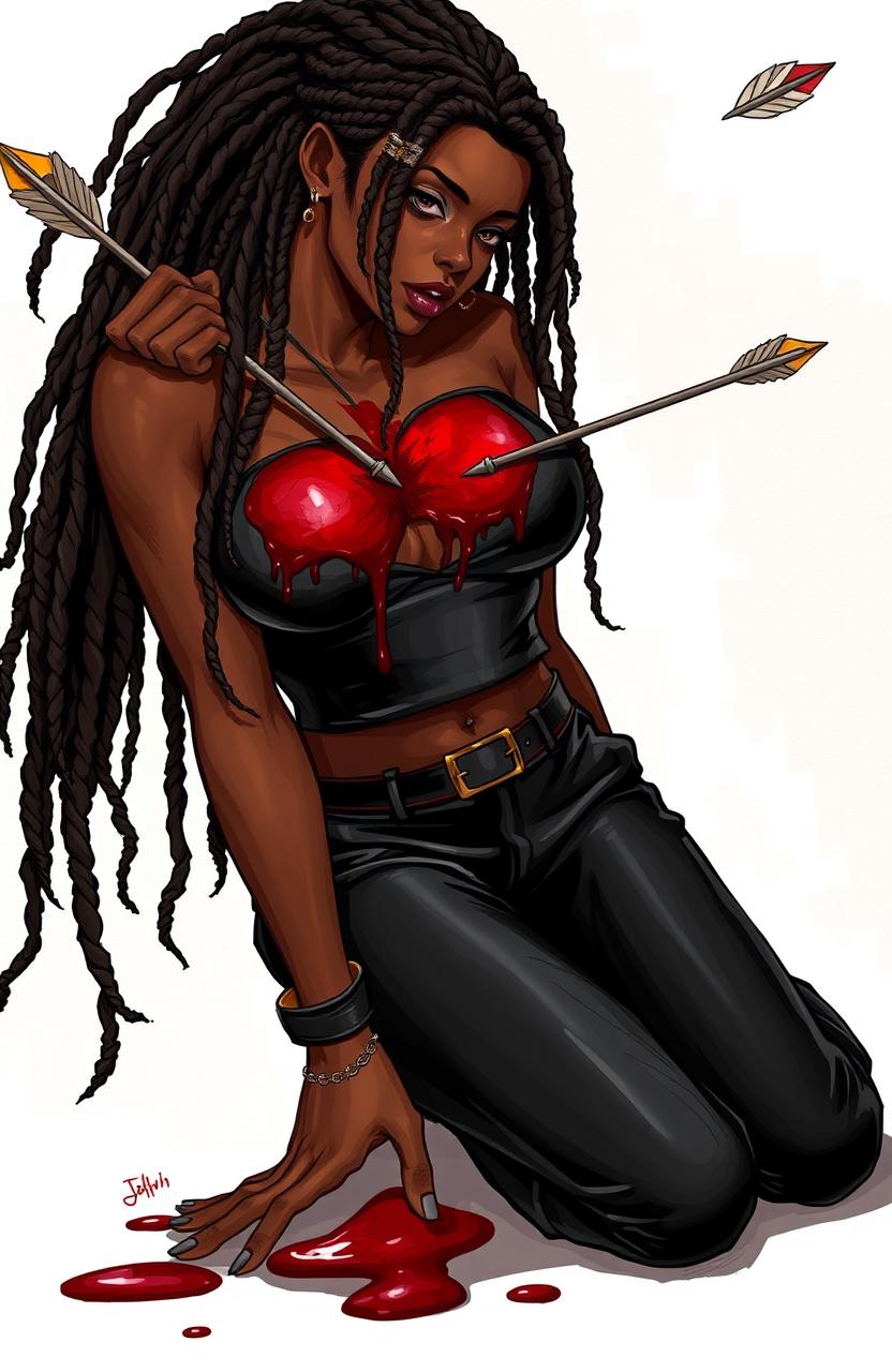 A powerful scene featuring a female figure with beautiful chocolate skin, stabbed by a huge arrow in the heart