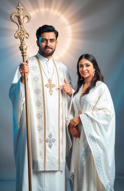 A man wearing holy garments in shades of white and blue, symbolizing purity and divinity, standing proudly with an air of reverence