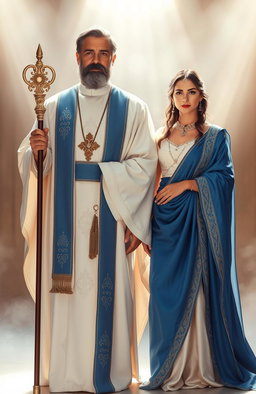 A man wearing holy garments in shades of white and blue, symbolizing purity and divinity, standing proudly with an air of reverence